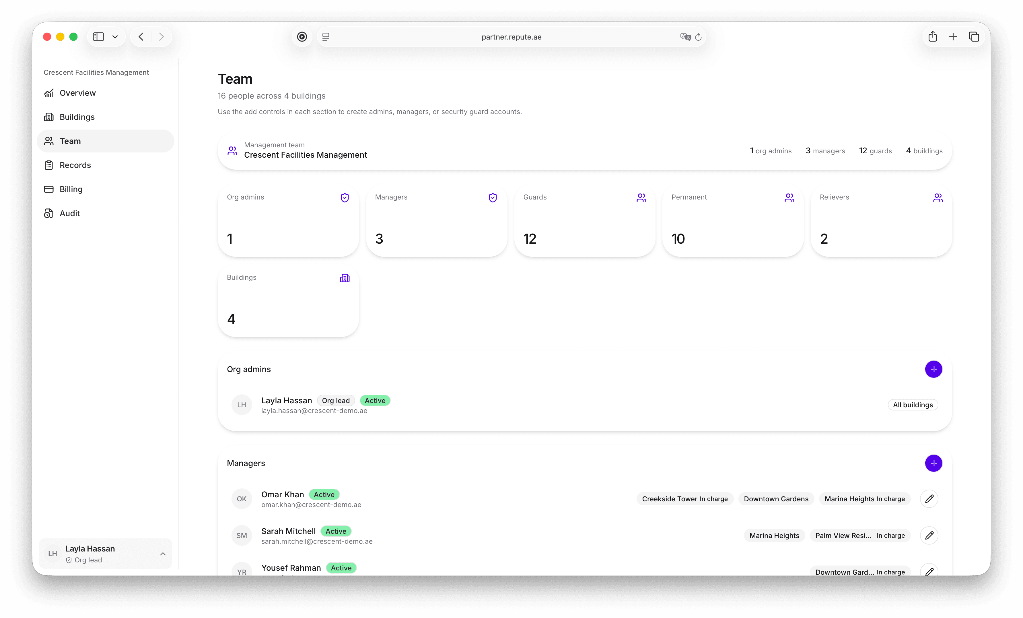 Repute team access management showing organization admins, managers, guards, and building assignments